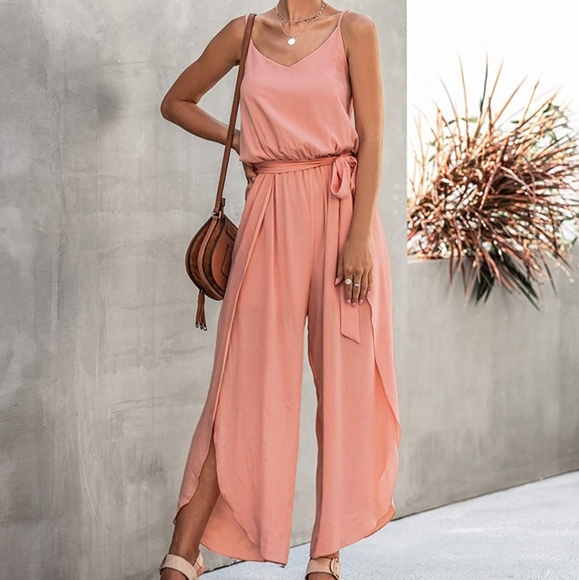 ⭐ HP ⭐ Blush Pink Split Wide Leg Spaghetti Strap Chiffon Cute Trendy Jumpsuit - Picture 5 of 10